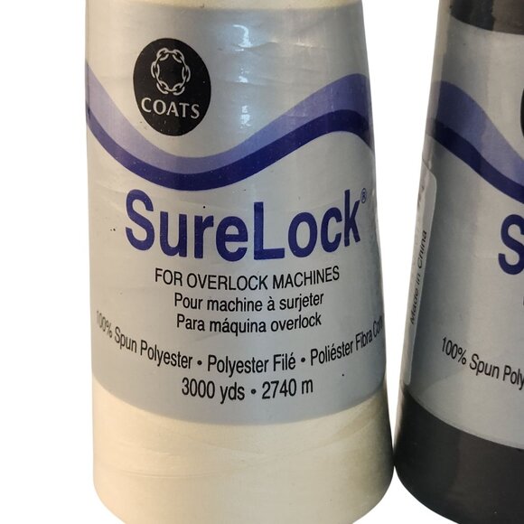 Coats SureLock Overlock Sewing Thread 3000 Yds Polyester Black & Bone Colors - Picture 2 of 8